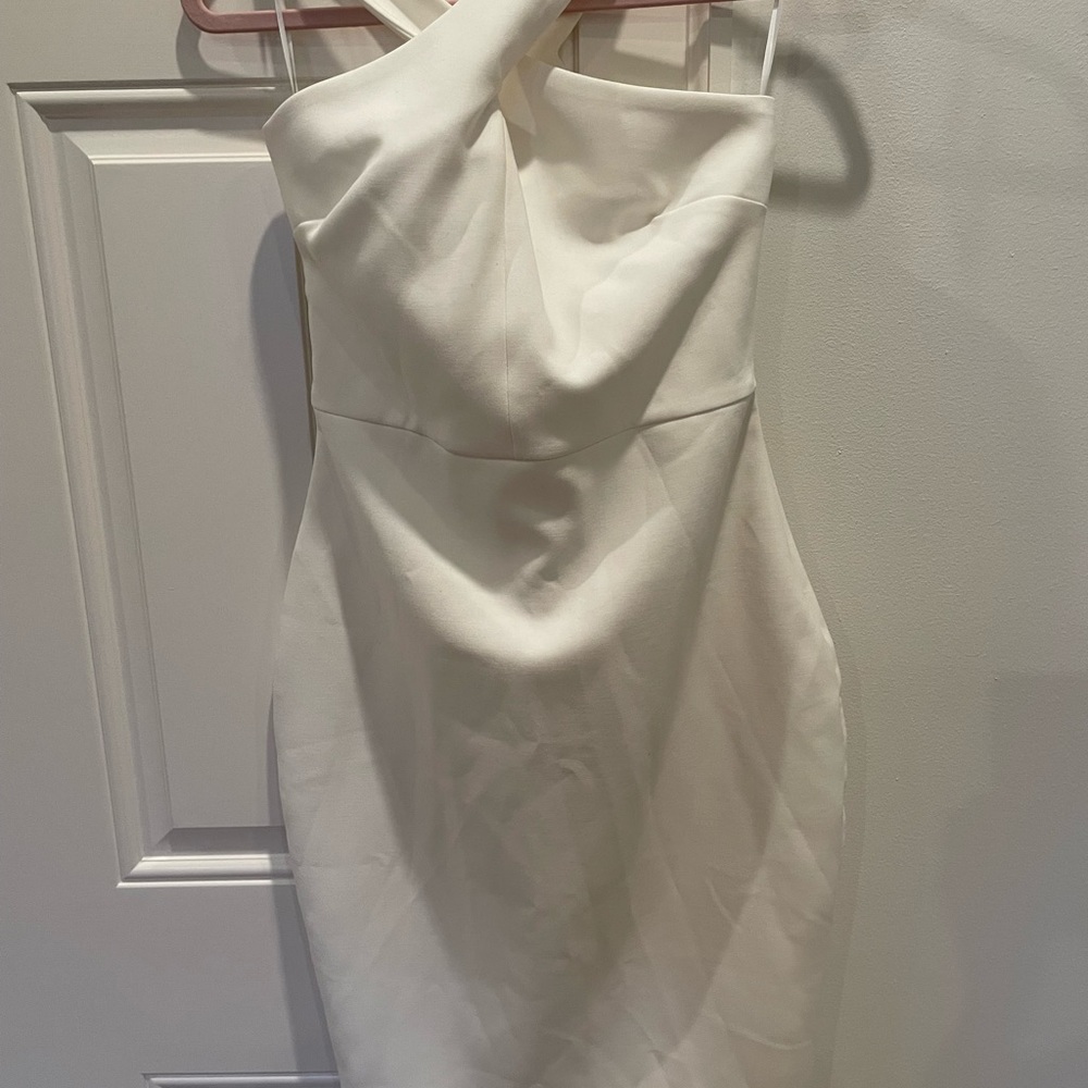 Likely high cross over neck mini dress